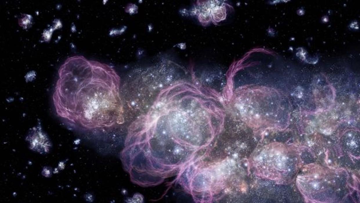  spindly purple swirls in deep space, representing star formation in the early universe 