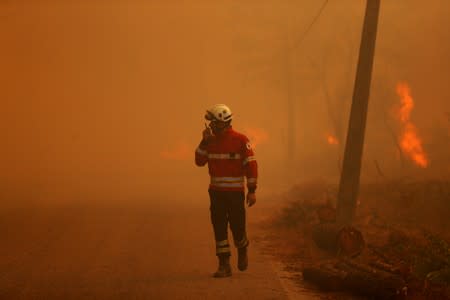 A firefighter helps to put out a forest fire in Chaveira