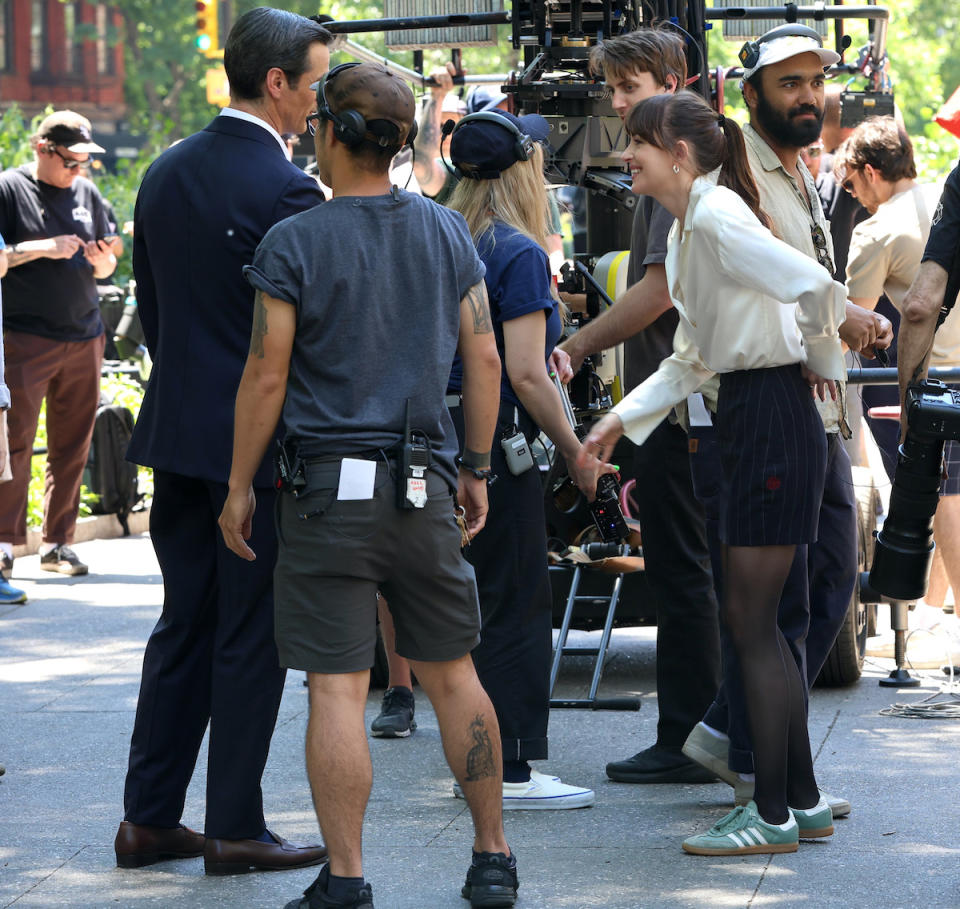 Dakota Johnson is seen on the set of the "Materialist" on June 03, 2024 in New York City in Adidas Samba sneakers.