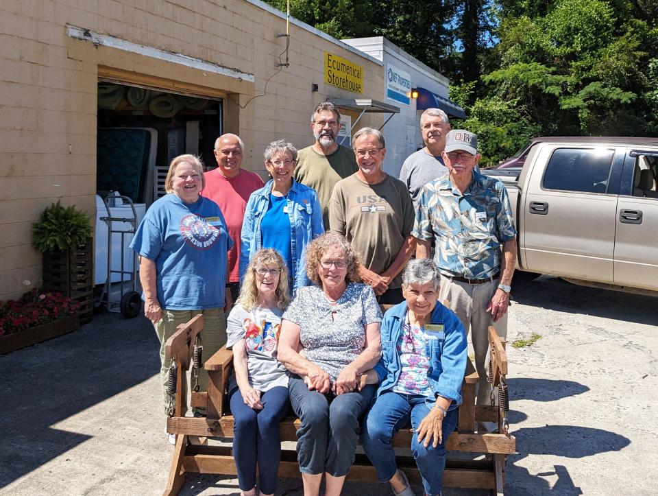 The volunteer crew at Ecumenical Storehouse. From left in front, Deena Staley, Karen Wilkins-Butz and Sue Urbach; in middle row, Laura McGavin, Peggy Terpstra, David Heck and George Smith; and in back row, Terry Brewer, Larry Sparks and Todd Butz.