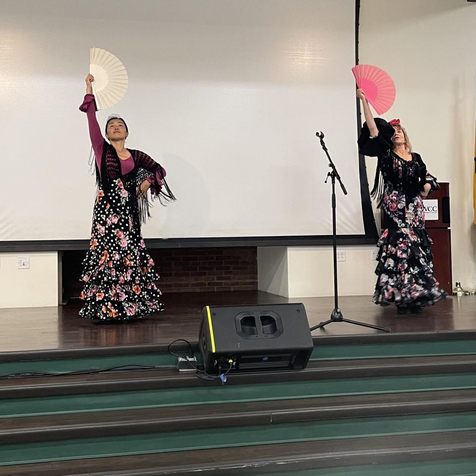Chie Wolicki (left) and Laurel Sonne dance the guajira.