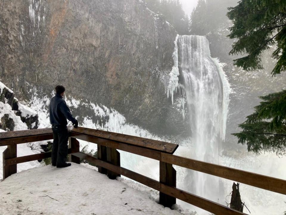 Salt Creek Falls can be reached with a short snowshoe or hike from Salt Creek Summit Sno-Park near Willamette Pass off Highway 58 southeast of Eugene.