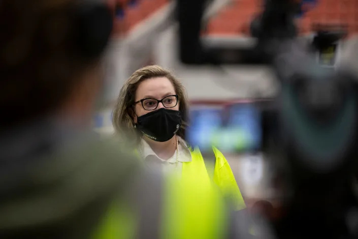 SarahBeth Hartlage, then-Interim Director of the Louisville Health Department, spoke with the media prior to the start of a COVID-19 vaccine drive-thru at Broadbent Arena on Jan. 4, 2021.