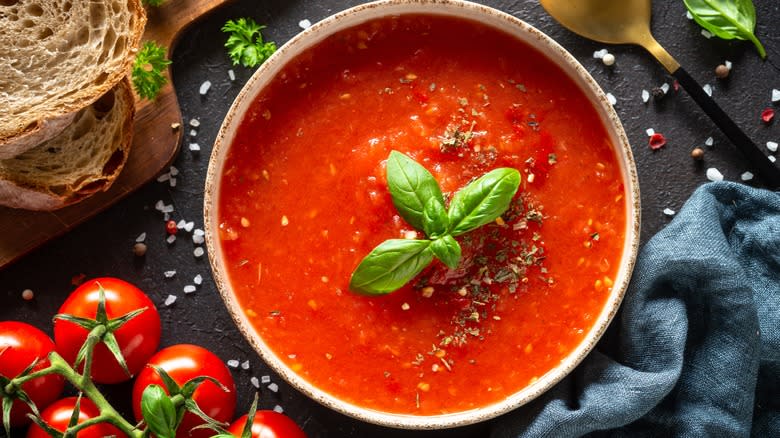 Tomato soup garnished with basil 