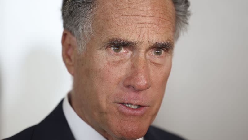 Sen. Mitt Romney speaks to reporters following an event with the Utah Aerospace and Defense Association at the Larry H. Miller Company in Sandy on Thursday, Feb. 23, 2023.