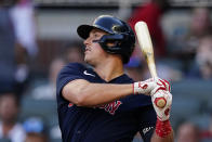 Boston Red Sox right fielder Hunter Renfroe drives in two runs with a base hit in the first inning of a baseball against the Atlanta Braves game Wednesday, June 16, 2021, in Atlanta. (AP Photo/John Bazemore)