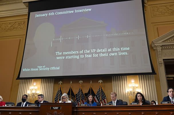 PHOTO: A recording of members of the Former Vice President Mike Pence's detail is played during a hearing by the House Select Committee to investigate the Jan. 6 attack on the U.S. Capitol, July 21, 2022, in Washington, D.C., July 21, 2022. (Saul Loeb/AFP via Getty Images)
