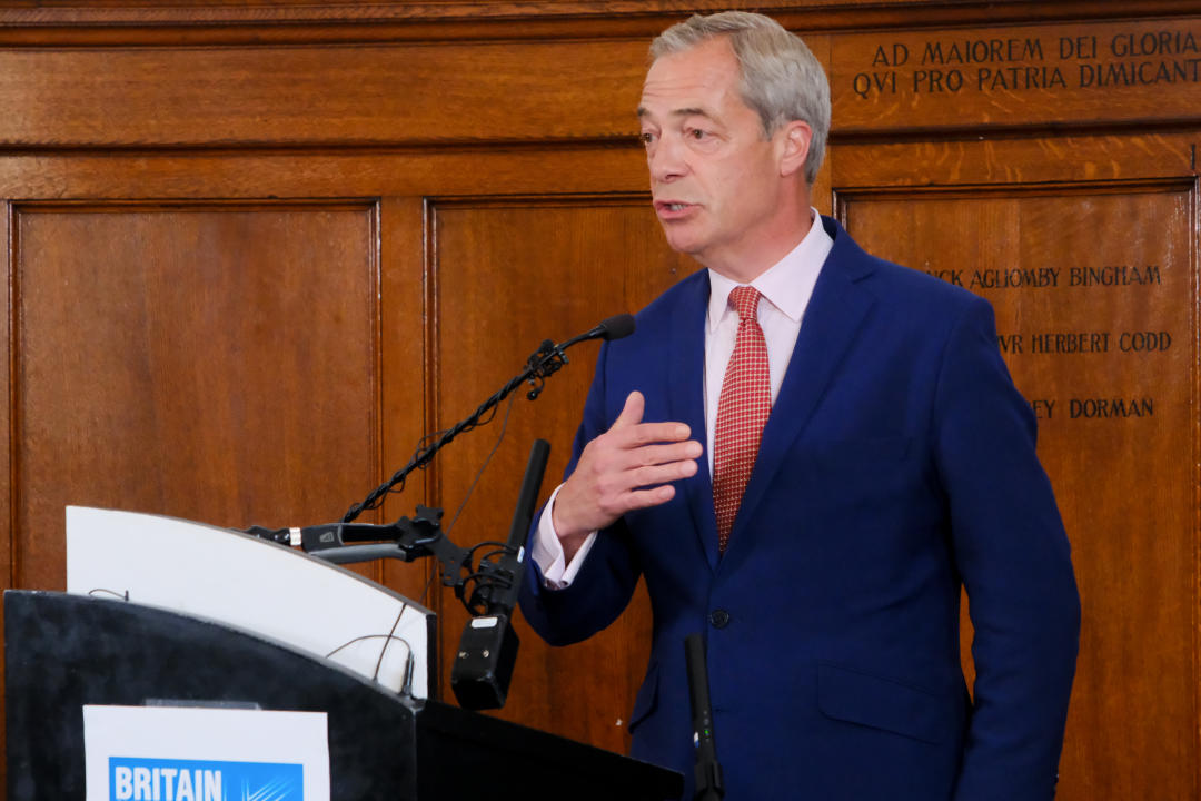 LONDON, UNITED KINGDOM - JUN 14, 2024 - Nigel Farage, pictured during Reform UK's press conference in London to talk about a political 'Crossover' in the latest poll.  (Photo credit should read Matthew Chattle/Future Publishing via Getty Images)