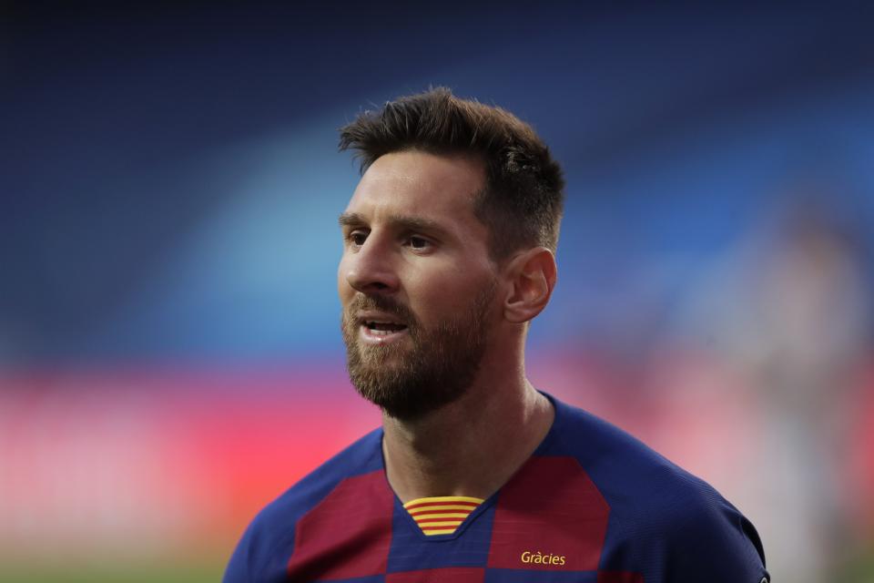 Barcelona's Lionel Messi during the Champions League quarterfinal match between FC Barcelona and Bayern Munich at the Luz stadium in Lisbon, Portugal, Friday, Aug. 14, 2020. (AP Photo/Manu Fernandez/Pool)