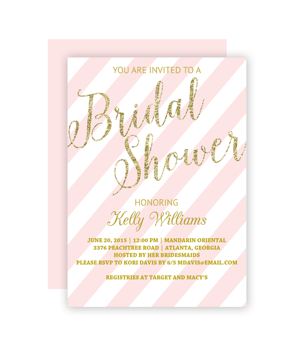 <p>Foreshadow the glitz and glam to come with a statement-making card, glitter and stripes and all.</p><p><strong>Get the printable at <a href="https://chicfetti.com/downloads/glitter-and-blush-bridal-shower-invitation/" rel="nofollow noopener" target="_blank" data-ylk="slk:Chicfetti;elm:context_link;itc:0;sec:content-canvas" class="link ">Chicfetti</a>.</strong></p>