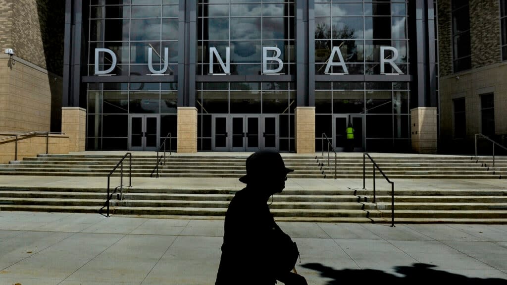 Large metal letters spelling out DUNBAR grace the entrance at the new Dunbar High School. Photos preview the grand opening (soon) of the new $160 million state-of-the-art school building at Paul Lawrence Dunbar High School. Photo by Michael S. Williamson/The Washington Post via Getty Images