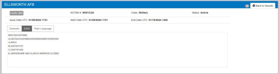 A screenshot from the Federal Aviation Administration's NOTAM database showing details about the closure of Ellsworth and the airspace above it. <em>FAA</em>