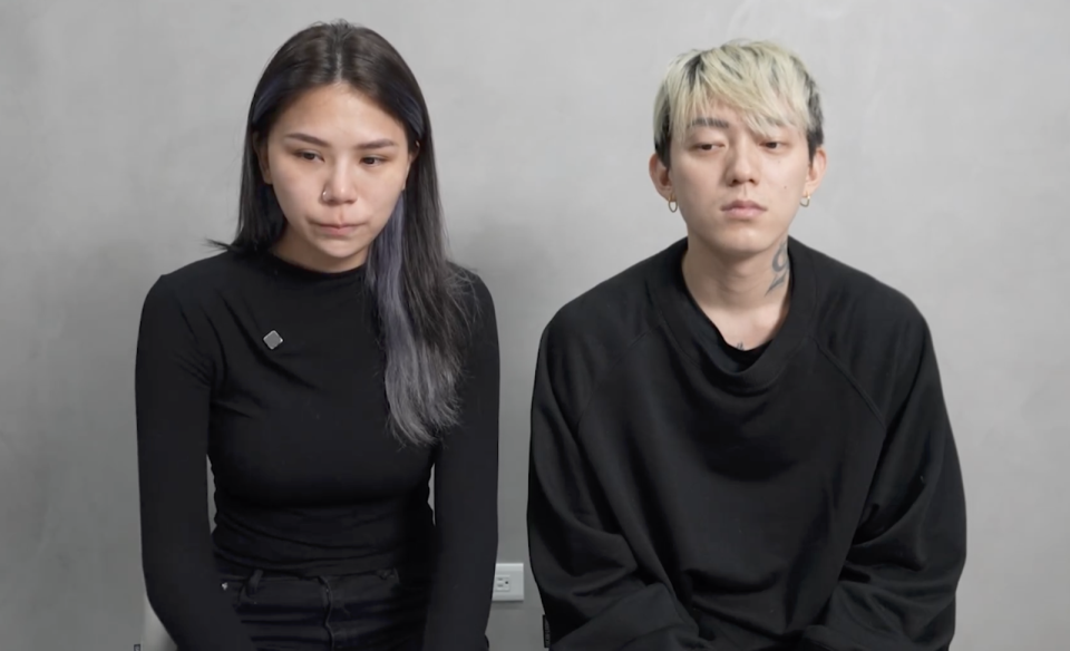 蕾菈（左）和老公湯宇陷沾毒爭議，7日晚間發布道歉影片。（翻攝蕾菈IG）