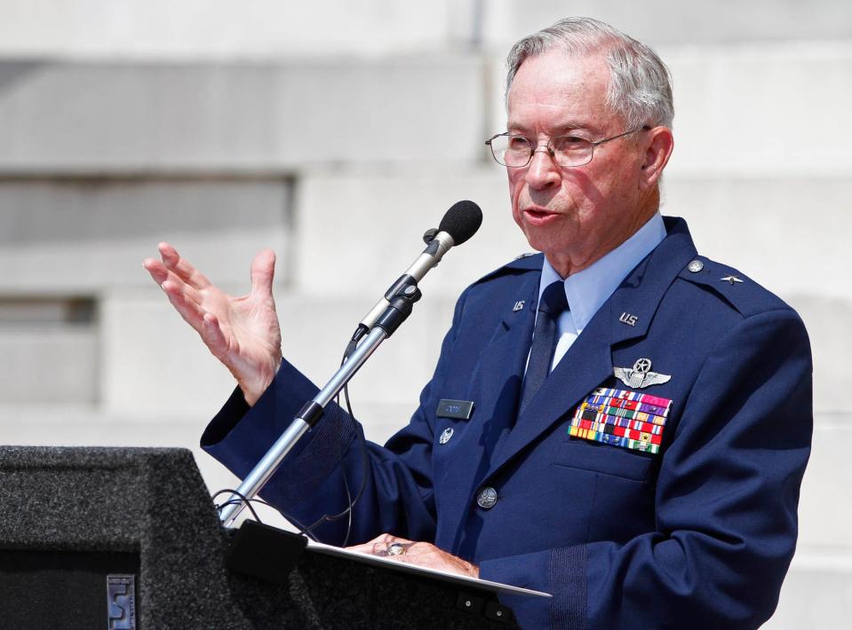 Air Force General Norman Gaddis speaks during the 100th anniversary of the opening of Knoxville High School on May 29, 2010. Gaddis died on Feb. 13 at the age of 100.