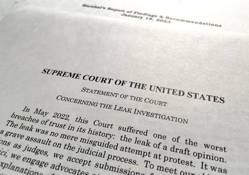 U.S. Supreme Court report on May 2022 leak of a draft version of its ruling overturning Roe v. Wade is seen in Washington