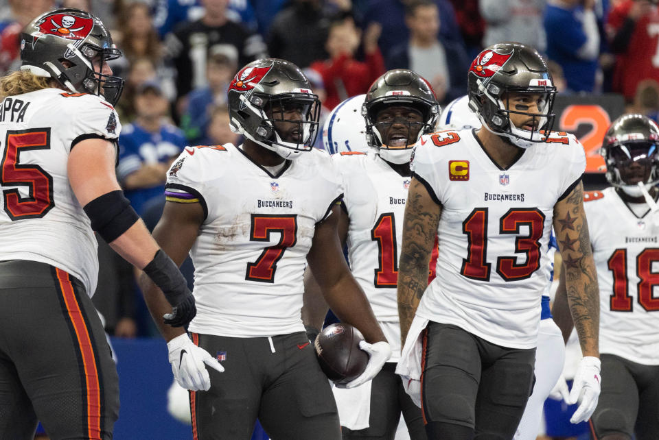 Leonard Fournette (7) scored four touchdowns in a win over the Colts, and has the Bucs eyeing another playoff run. (Trevor Ruszkowski-USA TODAY Sports)