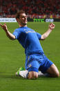 Branislav Ivanovic of Chelsea celebrates scoring their second and winning goal during the UEFA Europa League Final.