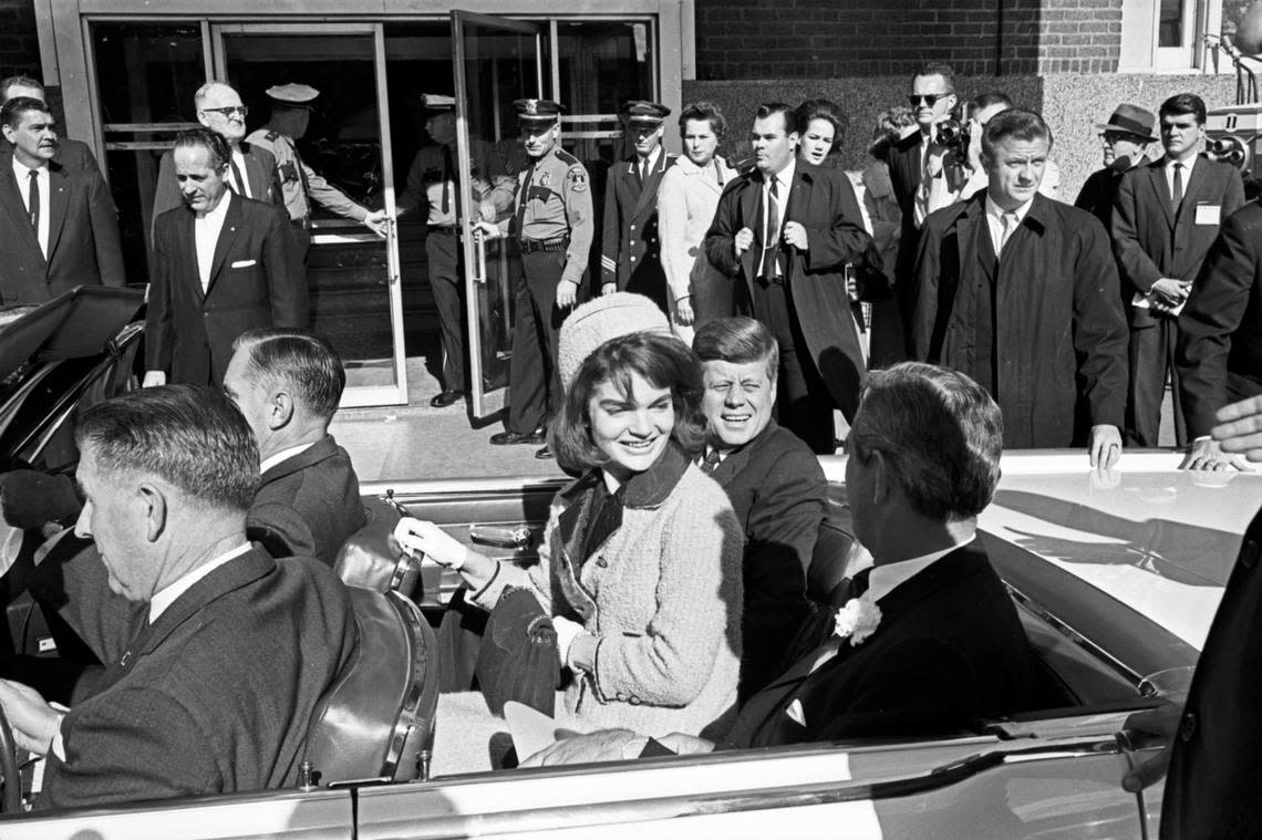 President John F. Kennedy and Jackie Kennedy with Gov. John Connally in the motorcade limousine outside of Hotel Texas. The motorcade drove down Main Street on the way to Carswell Air Force Base. Nov. 22, 1963