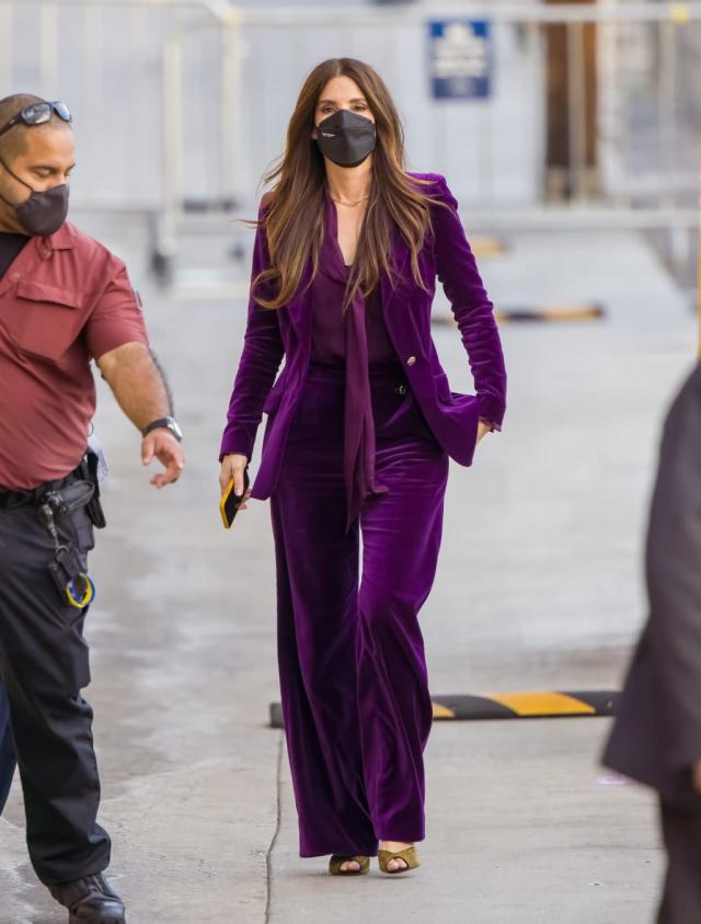 Sandra Bullock Makes a Stylish Arrival in Purple Velour Power Suit & Gold Sandals for Kimmel'