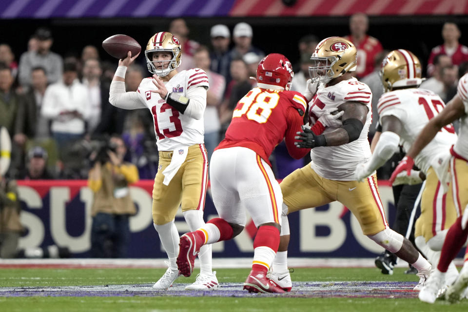 Brock Purdy threw for 255 yards and a touchdown in Super Bowl LVIII. (AP Photo/Doug Benc)