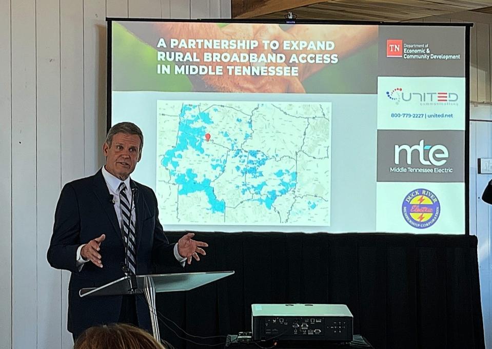 Gov. Bill Lee talks to attendees at an event highlighting the state's broadband expansion grants from the American Rescue Plan at Allenbrooke Farms in Spring Hill in January 2023.