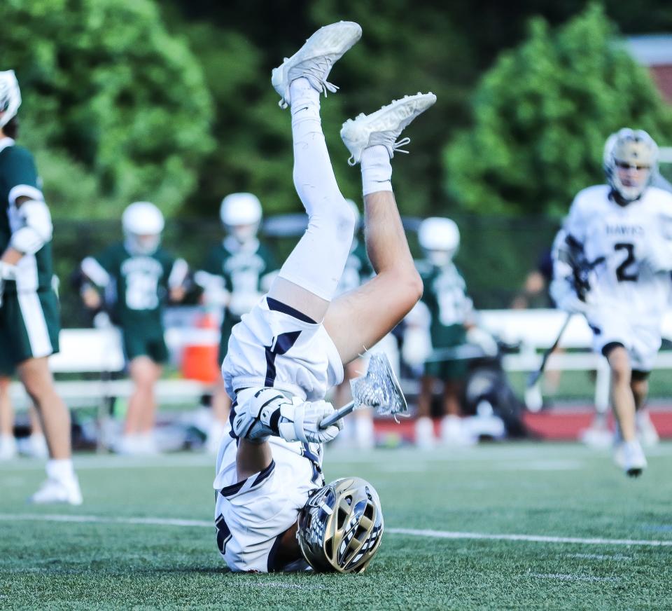 Hanover's Dylan Tokarz landed on his head after scoring a goal during the Division 3 Elite Eight game against Grafton at Hanover High School on Tuesday, June 14, 2022.