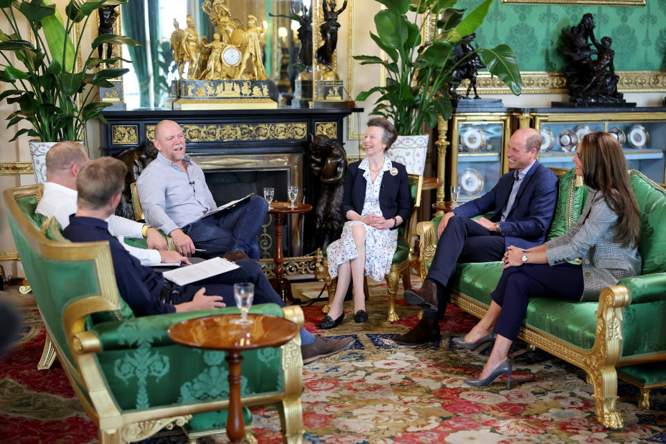 WINDSOR, ENGLAND - SEPTEMBER 06: Mike Tindall, Princess Anne, Princess Royal, Prince William, Prince of Wales and Catherine, Princess of Wales attend the recording of a special episode of The Good, The Bad and The Rugby podcast, in the Green Drawing Room at Windsor Castle, on September 06, 2023 in Windsor, England. The Good, The Bad and The Rugby podcast included TRH The Prince and Princess of Wales, and The Princess Royal, in their respective roles as Patrons of the Welsh Rugby Union (WRU), the Rugby Football Union (RFU), and the Scottish Rugby Union (SRU), to mark the start of the Rugby World Cup. The podcast is co-hosted by Mike Tindall, James Haskell (to the left of Mike in the images) and Alex Payne.  (Photo by Chris Jackson/Getty Images for Kensington Palace)