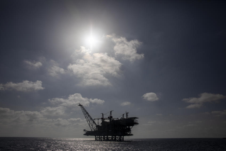 Israel's offshore Leviathan gas field in the Mediterranean Sea, Tuesday, Sept. 29, 2020. Lebanon and Israel have reached an agreement on a framework of indirect, U.S.-mediated talks over a longstanding disputed maritime border between the two countries, the parties announced Thursday. Lebanon began offshore drilling earlier this year and is expected to start drilling for gas in the disputed area with Israel before in the coming months. (AP Photo/Ariel Schalit)