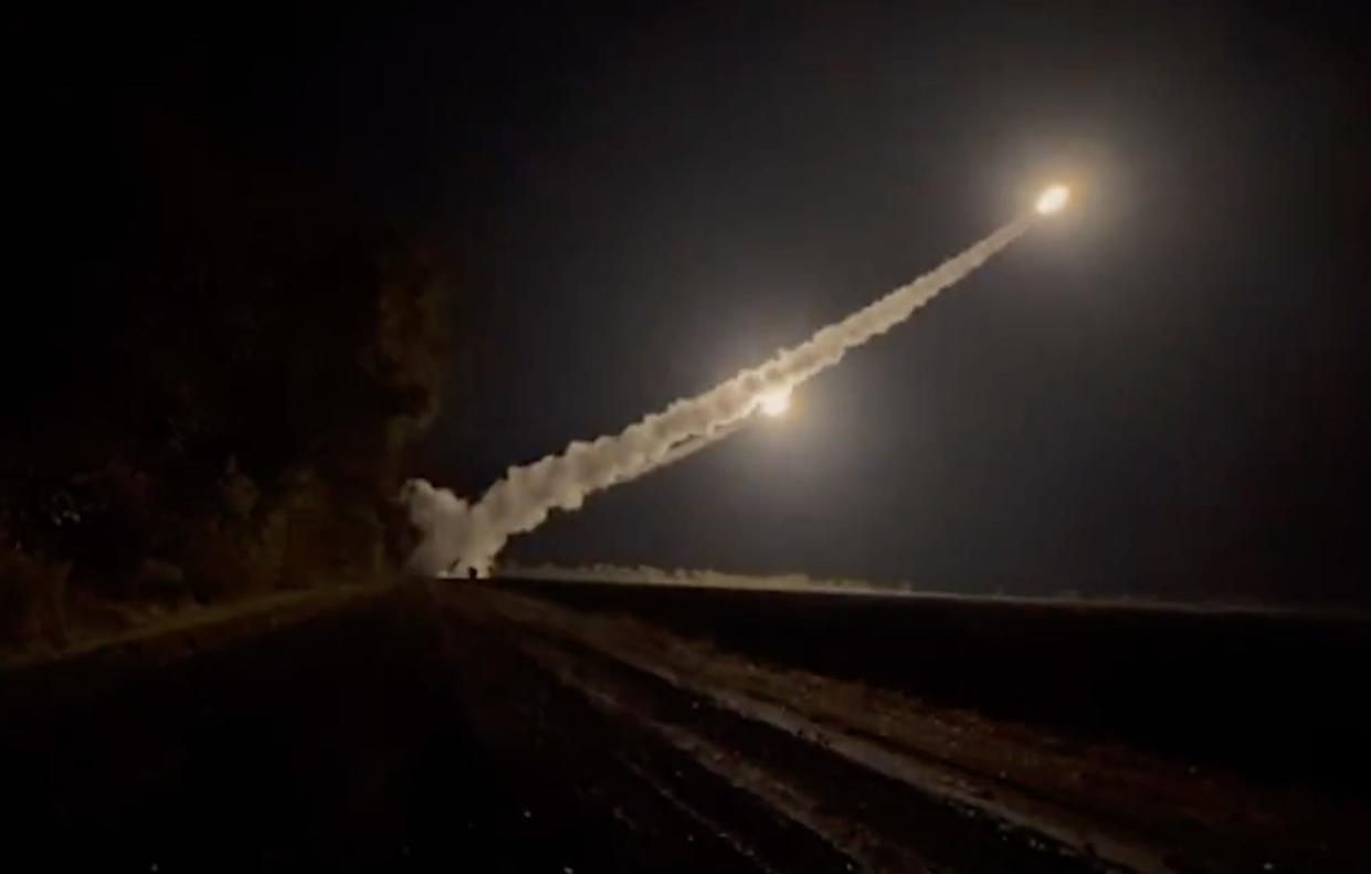 A still from a video shared by the General Staff of the Ukrainian Armed Forces of ATACMS in use at night time