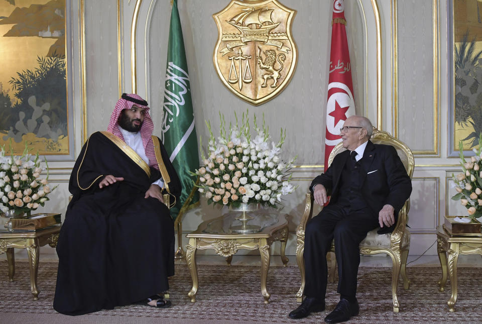 Tunisian President Beji Caid Essebsi, right, meets with Saudi Crown Prince Mohammed bin Salman at the presidential palace in Carthage near Tunis, Tunisia, Tuesday, Nov. 27, 2018. Traveling abroad for the first time since the killing of Saudi journalist Jamal Khashoggi, the crown prince is visiting allies in the Middle East before heading to a G20 summit in Argentina later this week. (AP Photo/Hassene Dridi)