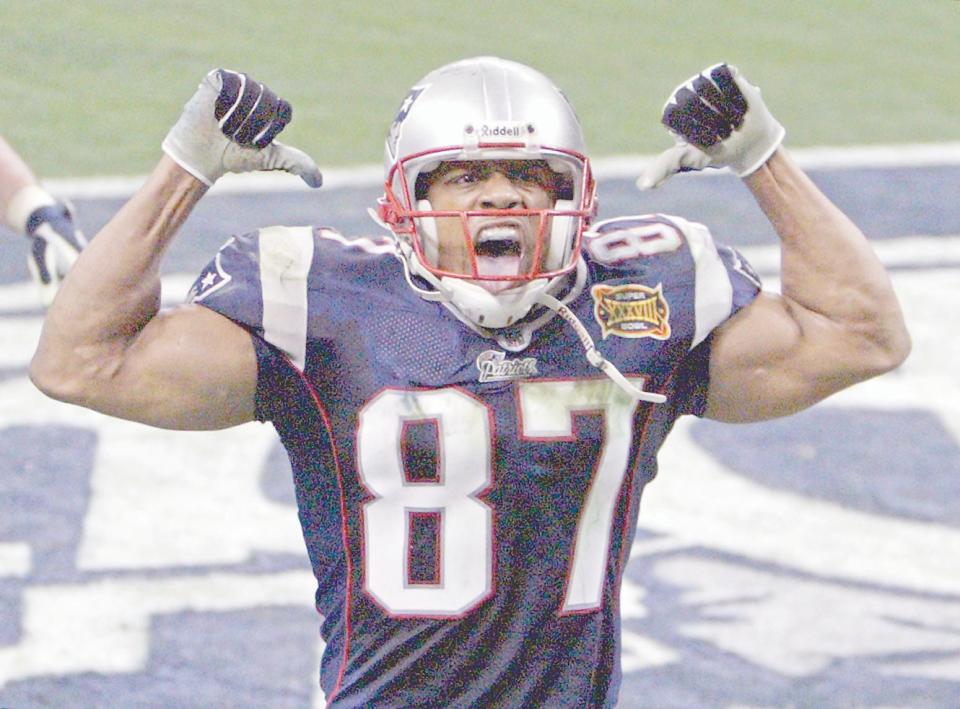 David Givens celebrates after catching for a 52-yard pass from Tom Brady in Super Bowl XXVIII in 2004 in Houston.