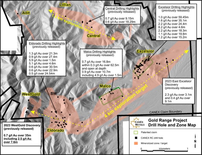 <strong>Figure 1. Gold Range Property map showing drill holes and exploration targets.</strong>