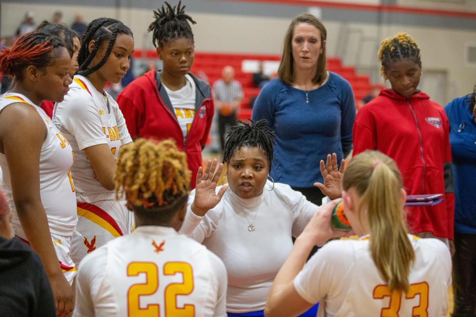 Second-year Jefferson coach Tiffany Lambert talks to her team during a loss to Boylan on Friday. Despite the loss, the J-Hawks (6-3, 3-2 in the NIC-10) seem headed toward their best season in more than 30 years.