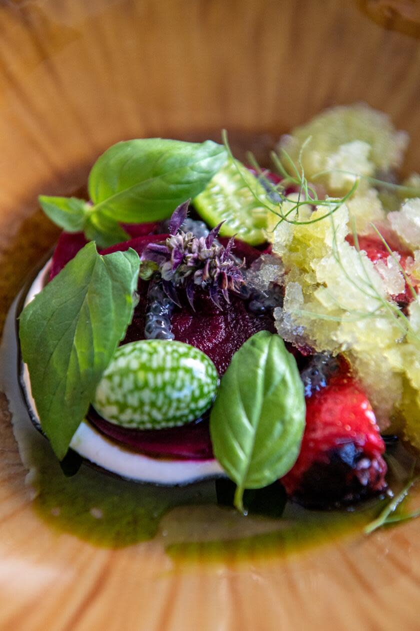 Farm-raised beets, housemade yogurt, cucumber, yuzu granita and burnt strawberries from Heritage.