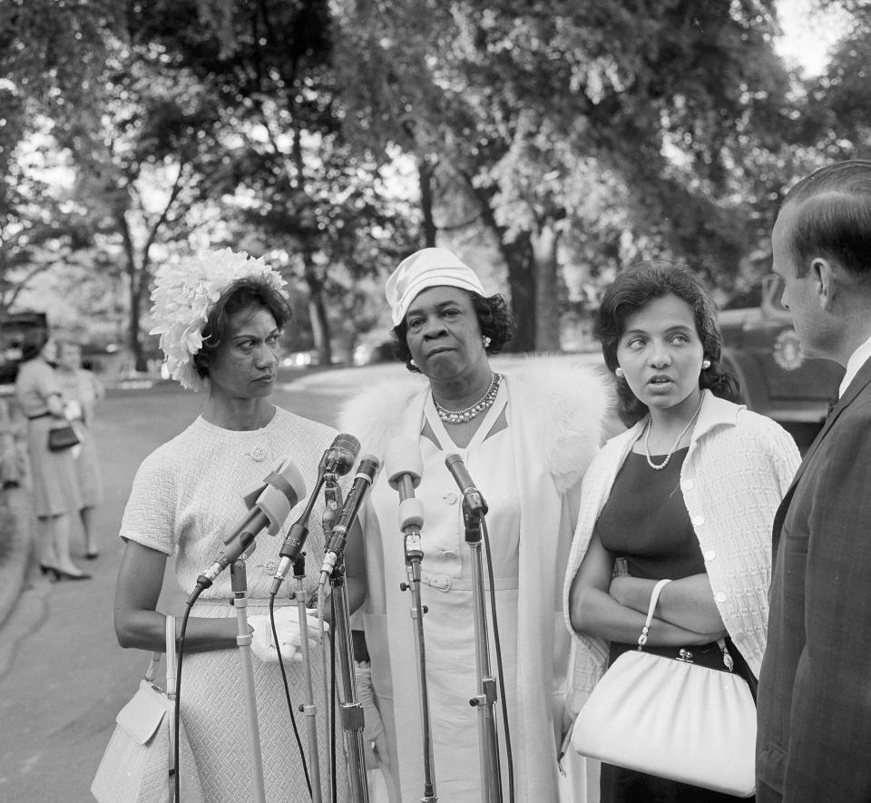 In this file photo, Gloria Richardson, left, a leader in the Cambridge, Md., integrationist's movement, Dr. Rosa L. Gragg of the National Association of Colored Woman's Clubs and Mrs. Diane Nash Bevel, right, representing the Southern Christian Leadership Committee, are interviewed as they leave the White House in Washington, D.C., July 9, 1963. U.S. President John F. Kennedy asked 300 representatives of Women's organizations to back his civil rights program. At a two-hour meeting, the president outlined a three-point program to help solve the racial problem.