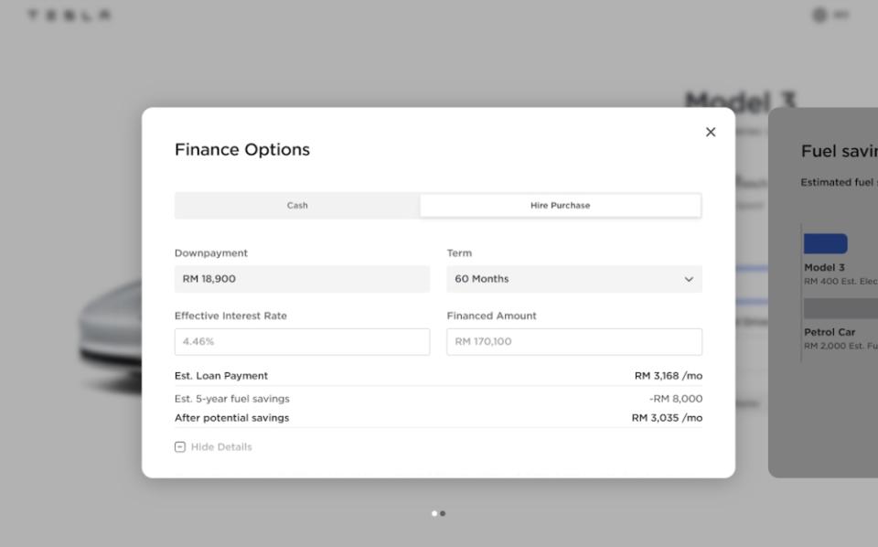  The downpayment for a basic spec Tesla Model 3 Highland, as listed on Tesla Malaysia’s website today. — SoyaCincau pic