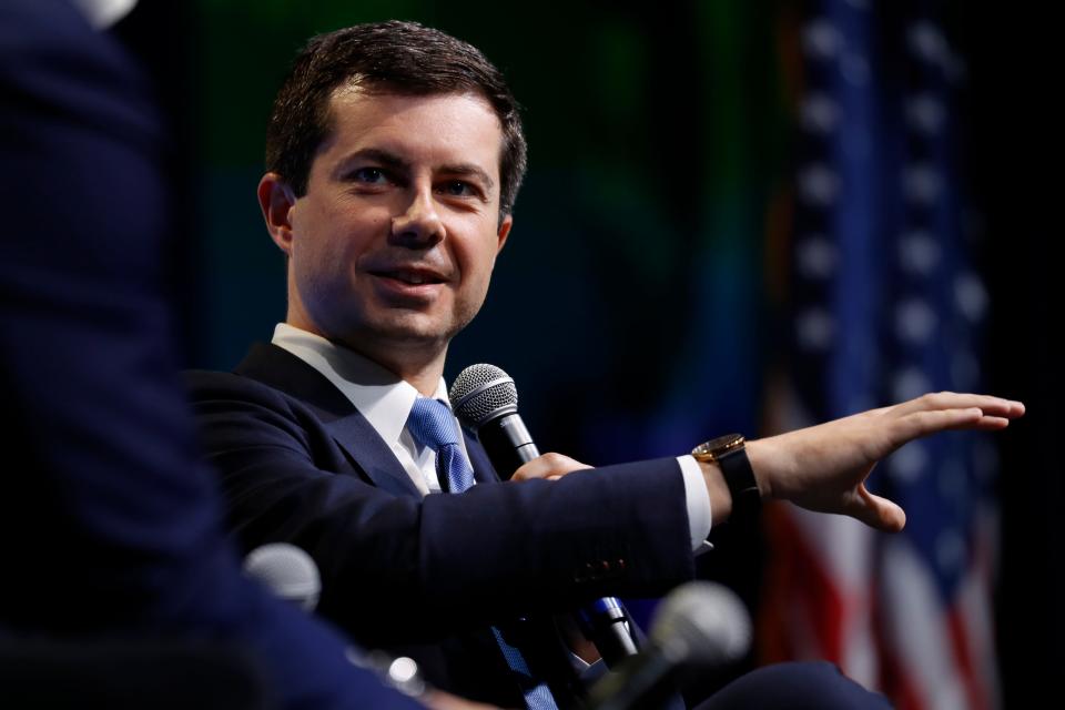 Democratic presidential candidate South Bend, Indiana, Mayor Pete Buttigieg speaks at the J Street National Conference, Oct. 28, 2019, in Washington.