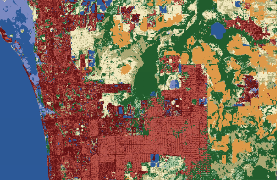 A digital map of Florida shows densely populated urban areas in red, areas of water in two shades of blue, and areas of vegetation in green.