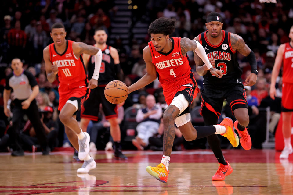 March 21, 2024;  Houston, Texas, USA;  Houston Rockets guard Jalen Green (4) handles the ball against the Chicago Bulls during the fourth quarter at Toyota Center.  Mandatory credit: Erik Williams-USA TODAY Sports