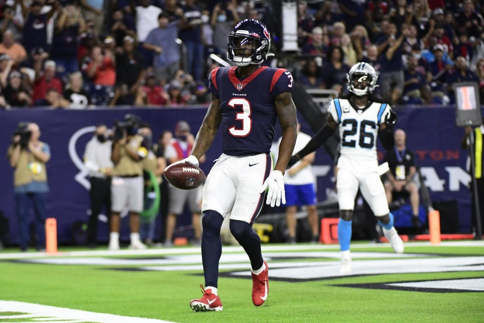 Houston Texans wide receiver Anthony Miller (3) makes a touchdown catch against the Carolina Panthers during the first half of an NFL football game Thursday, Sept. 23, 2021, in Houston. (AP Photo/Justin Rex)