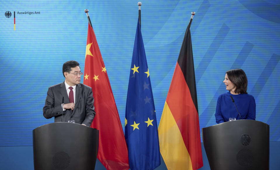 Germany's Foreign Minister, Annalena Baerbock, right, and her counterpart, Qin Gang, Foreign Minister of China, attend a press conference after bilateral talks at the Federal Foreign Office in Berlin, Tuesday, May 9, 2023. (Michael Kappeler/Pool photo via AP)