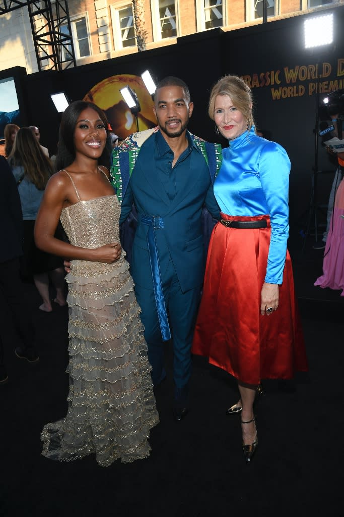 DeWanda Wise, Alano Miller and Laura Dern attend the Los Angeles premiere of “Jurassic World: Dominion” at Grauman’s Chinese Theatre on June 6, 2022. - Credit: Michael Buckner for Variety