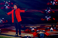 <p>TAMPA, FLORIDA - FEBRUARY 07: The Weeknd performs during the Pepsi Super Bowl LV Halftime Show at Raymond James Stadium on February 07, 2021 in Tampa, Florida. (Photo by Kevin C. Cox/Getty Images)</p> 