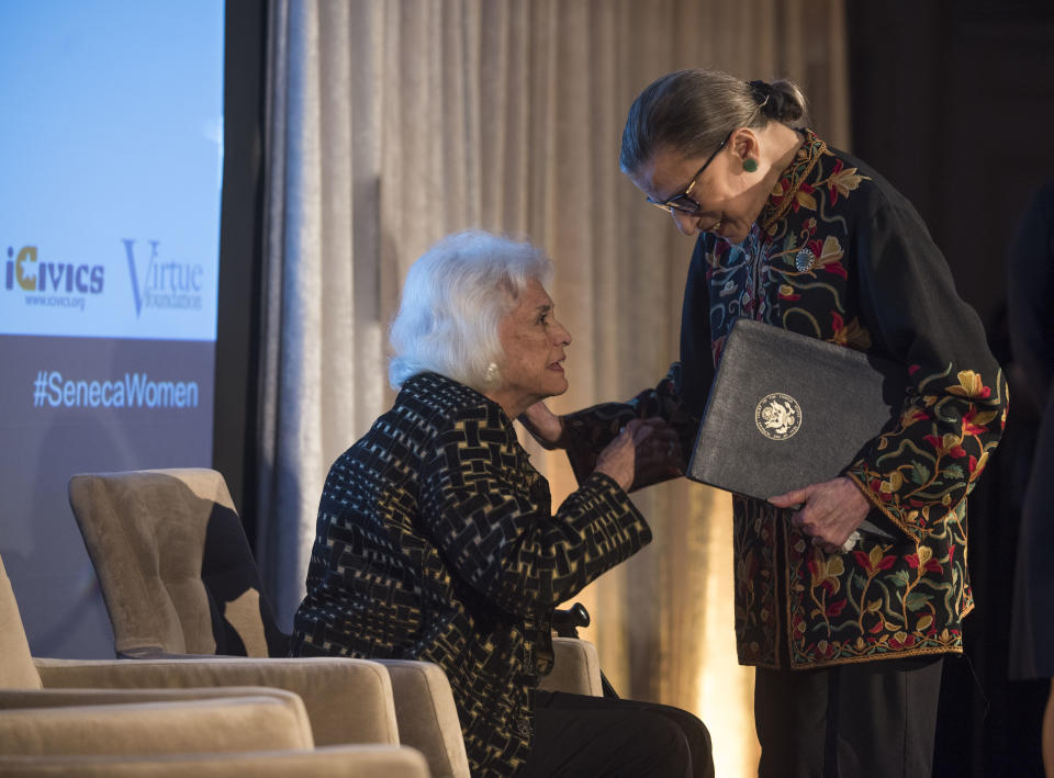 Supreme Court Justice Ruth Bader Ginsburg with retired Justice Sandra Day O’Connor at the Seneca Women Global Leadership Forum in Washington. (Photo: Kevin Wolf/Invision for Seneca Women/AP)