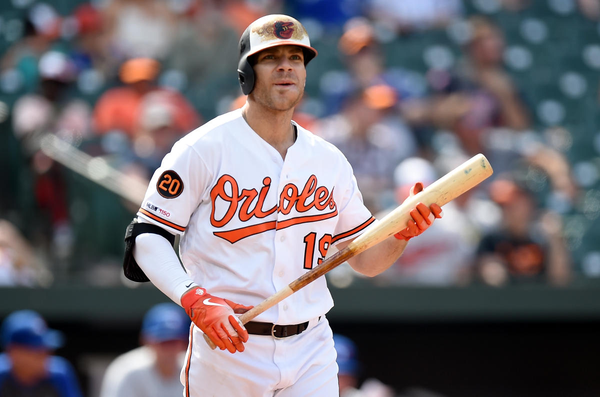 The Baltimore Orioles' Chris Davis gets congratulations from teammate Adam  Jones after Davis' home run in the eighth inning against the New York  Yankees at Oriole Park at Camden Yards in Baltimore