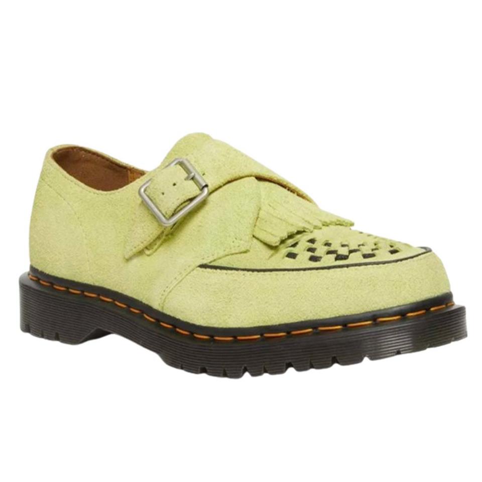 green suede loafer shoe with silver buckle and rubber sole