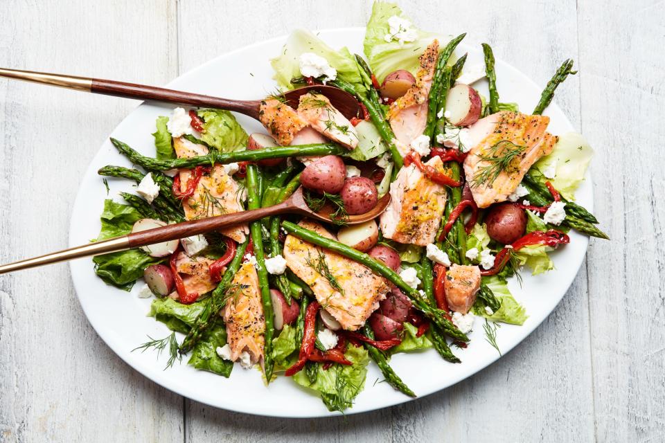 Lemon-Roasted Salmon with Escarole, Asparagus, and Potatoes