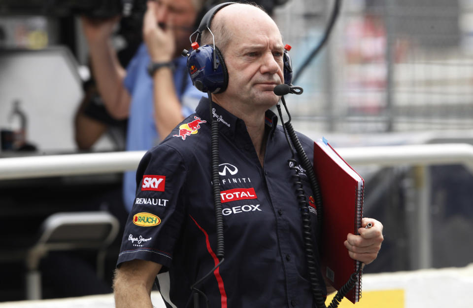 Red Bull technical chief Adrian Newey at his team's pit during a free practice at the Interlagos race track in Sao Paulo, Brazil, Saturday, Nov. 24, 2012.(AP Photo/Silvia Izquierdo)
