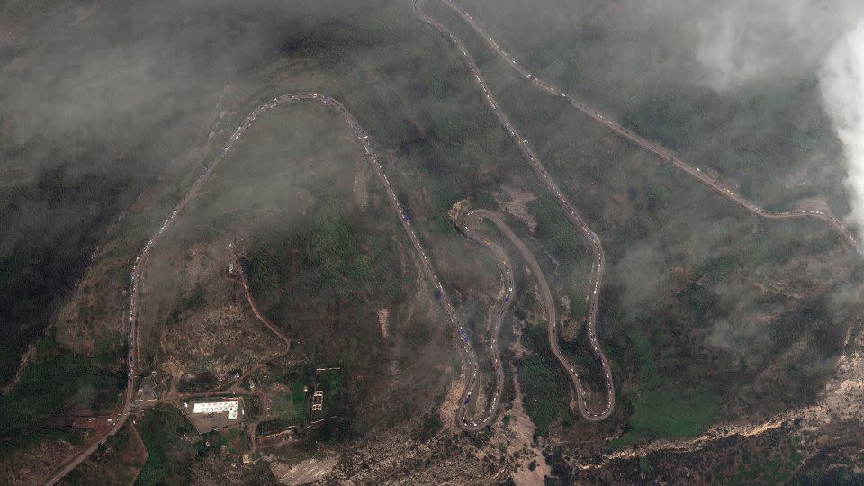 Lines of cars are seen around Lachin corridor as thousands fled Nagorno-Karabakh. - Maxar Technologies