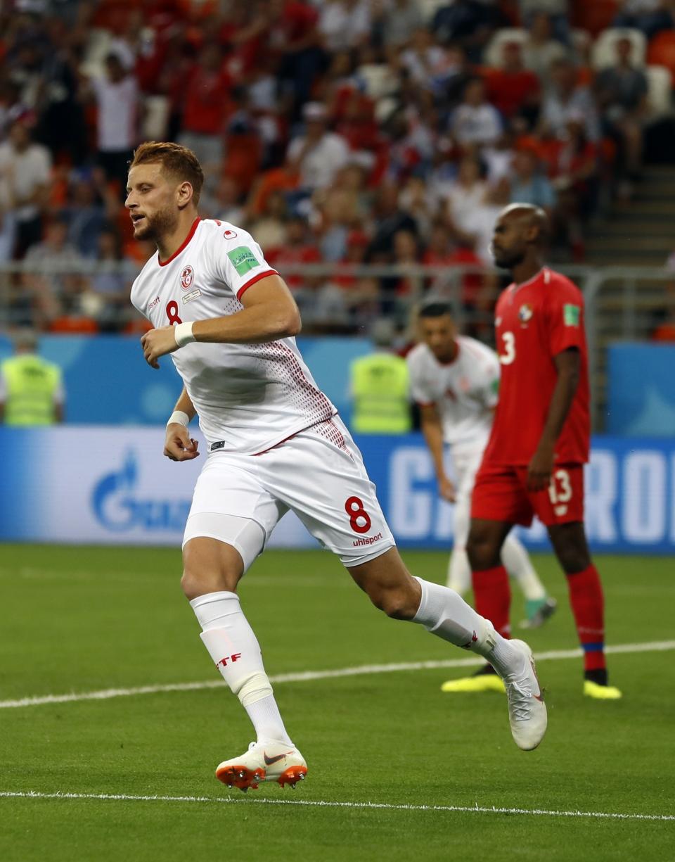 <p>Tunisia’s Fakhreddine Ben Youssef celebrates after scoring his side’s first goal during the group G match between Panama and Tunisia at the 2018 soccer World Cup at the Mordovia Arena in Saransk, Russia, Thursday, June 28, 2018. (AP Photo/Darko Bandic) </p>